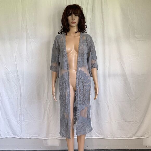 Rebellion Again Grey Open Front Wide  3/4 Sleeve Lace Duster Kimono L - Picture 3 of 10